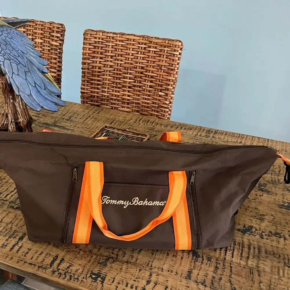 Tommy Bahama Duffle Bag Brown Canvas Orange Trim Weekender Travel Gym